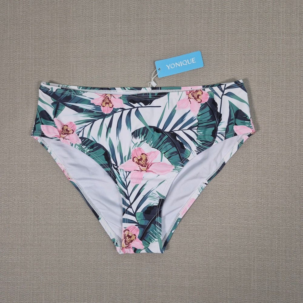 Yonique High Waisted Bikini Bottoms Floral Tropical Pink Green Swim Size M New